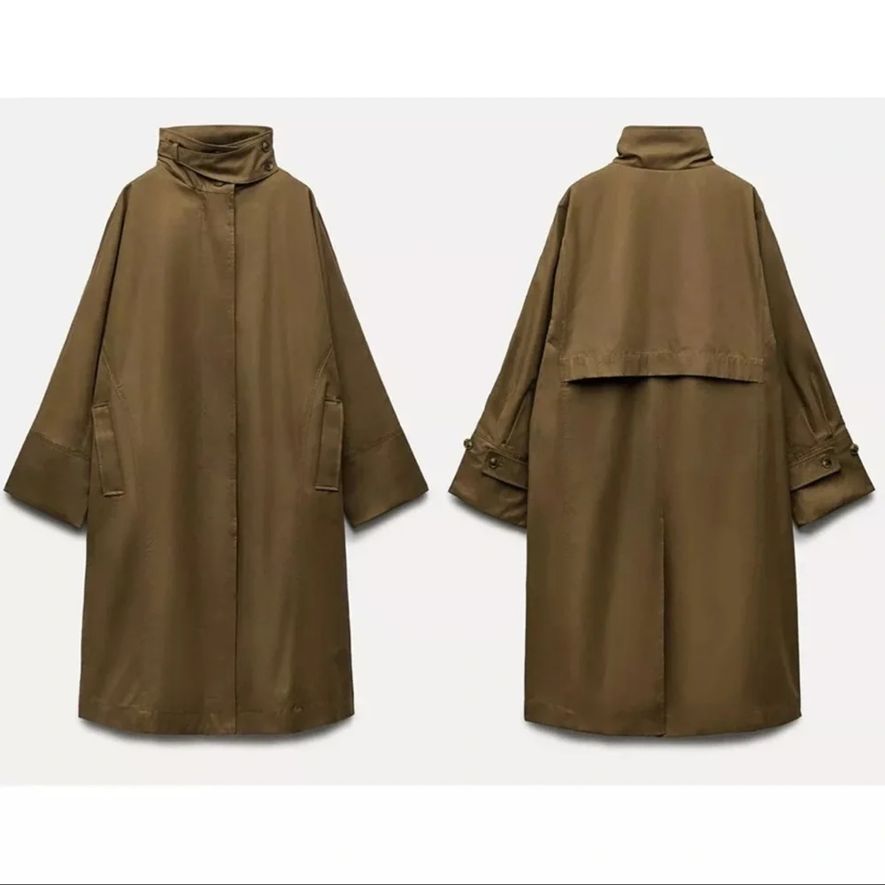 🔥NWT ZARA🔥 Oversized Water-Repellent Trench Coat in Khaki Green - Picture 3 of 6